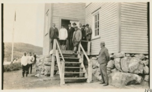 Image of Crew of Bowdoin standing on church steps